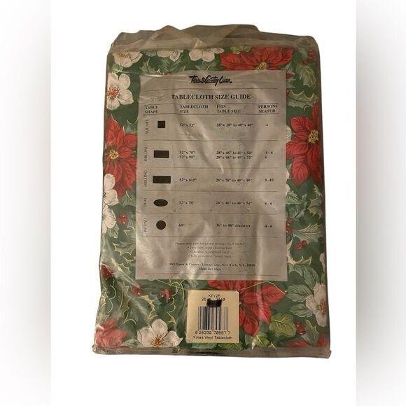 NIB Vintage Poinsettia Vinyl Holiday Tablecloth, 52x52” square - Picture 2 of 2